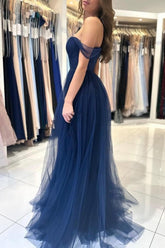 Elegant Long Navy Blue Off-the-shoulder A-line Sleeveless Prom Dresses